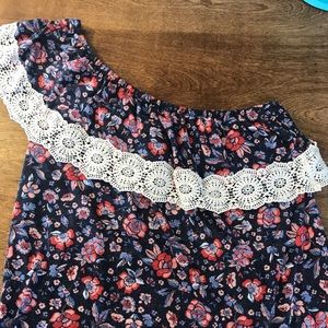 One Shoulder Floral Top with Embroidered Lace